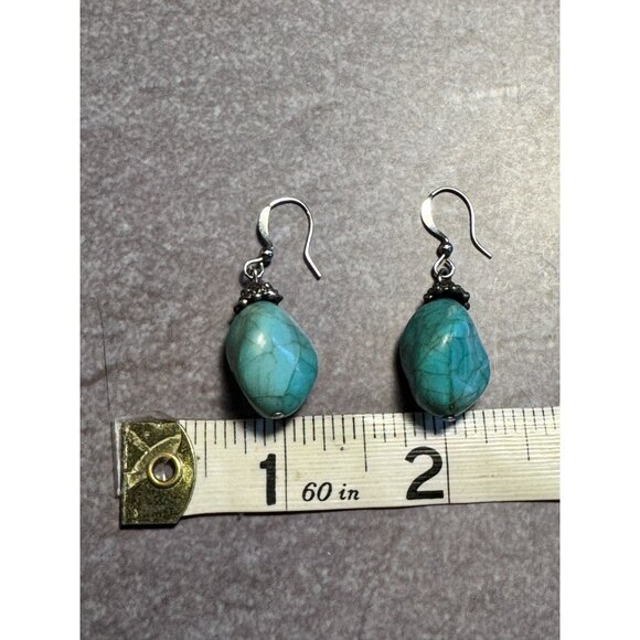 Turquoise Style Drop Earrings With Silver Accents Handcrafted Vintage Design - Picture 6 of 7